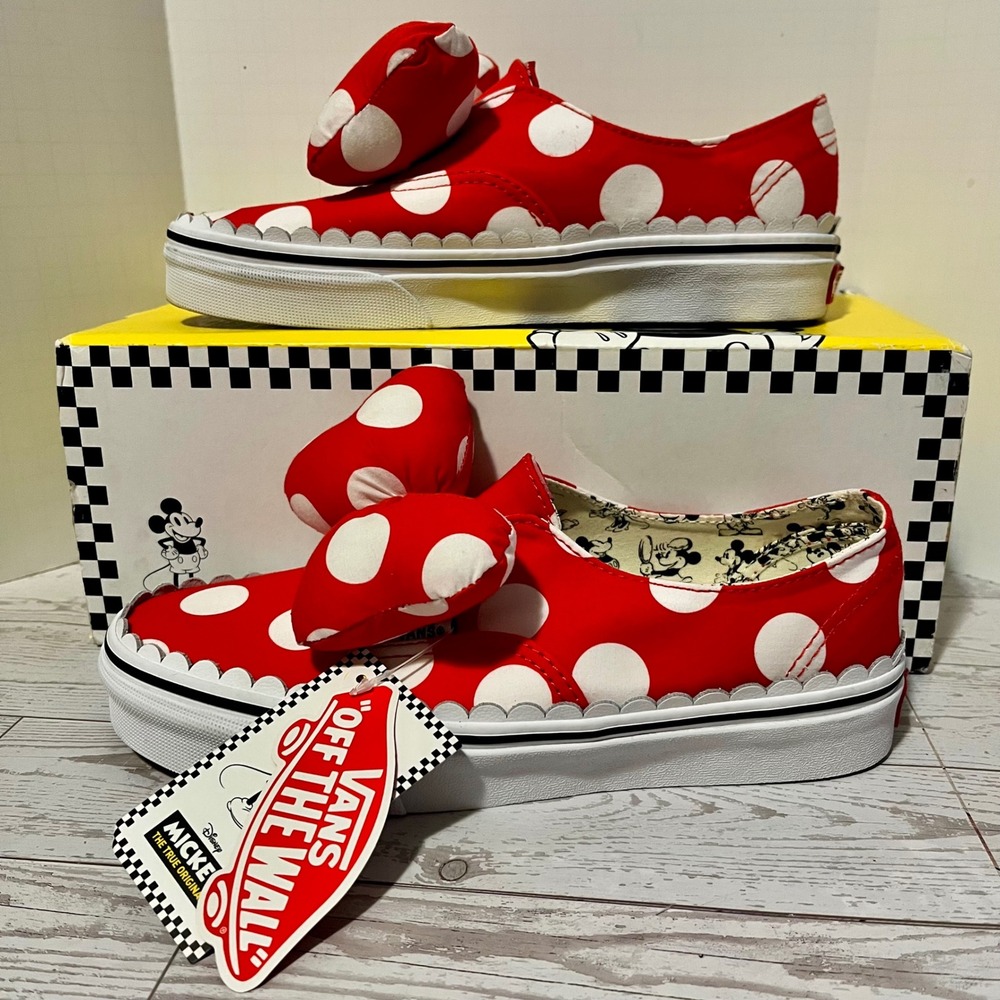 Vans Disney Minnie's Bow Authentic Gore Shoes Women 7.5 Red Polka Dot 3D NIB